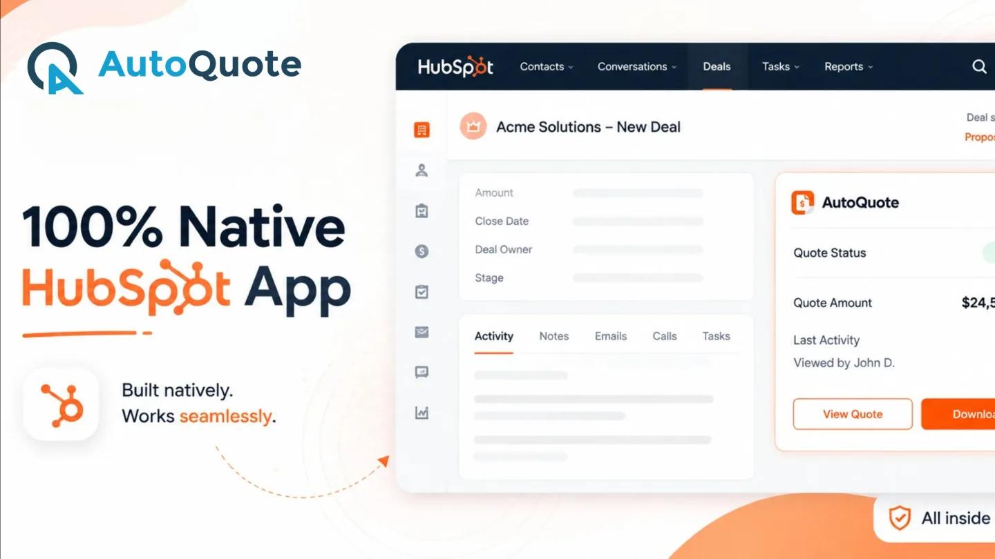 AutoQuote card built natively inside a HubSpot deal record, showing quote status and quote amount