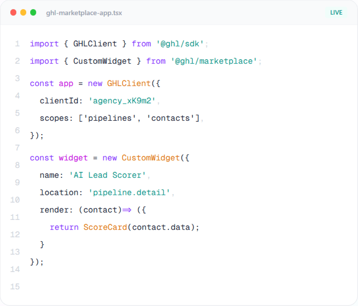 GoHighLevel marketplace app TypeScript integration code editor