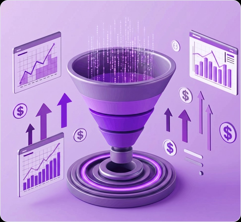 3D funnel illustration showing leads converting through a GoHighLevel sales funnel