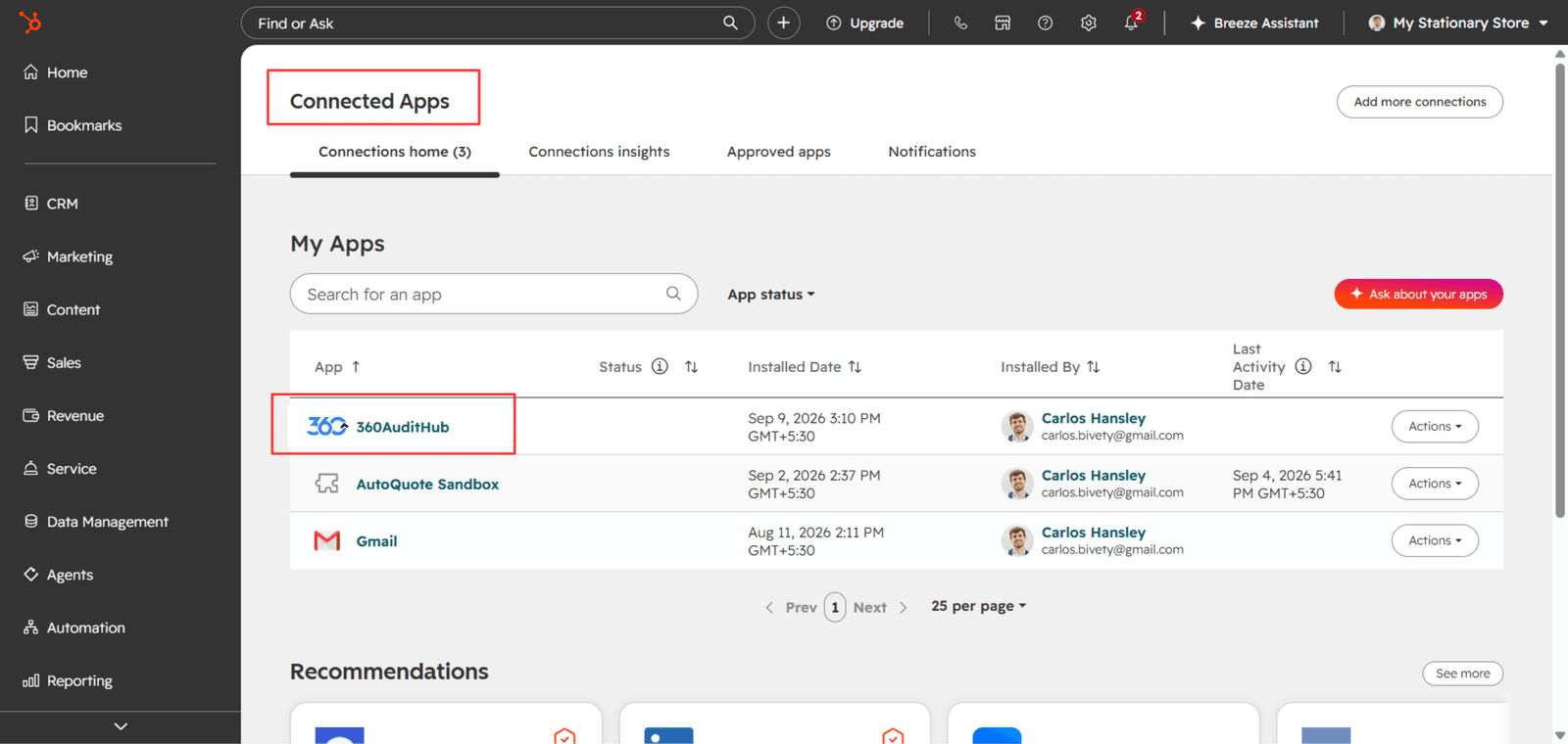 360AuditHub listed under My Apps in HubSpot Connected Apps
