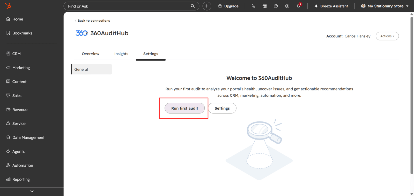 Run first audit button on the 360AuditHub Settings tab