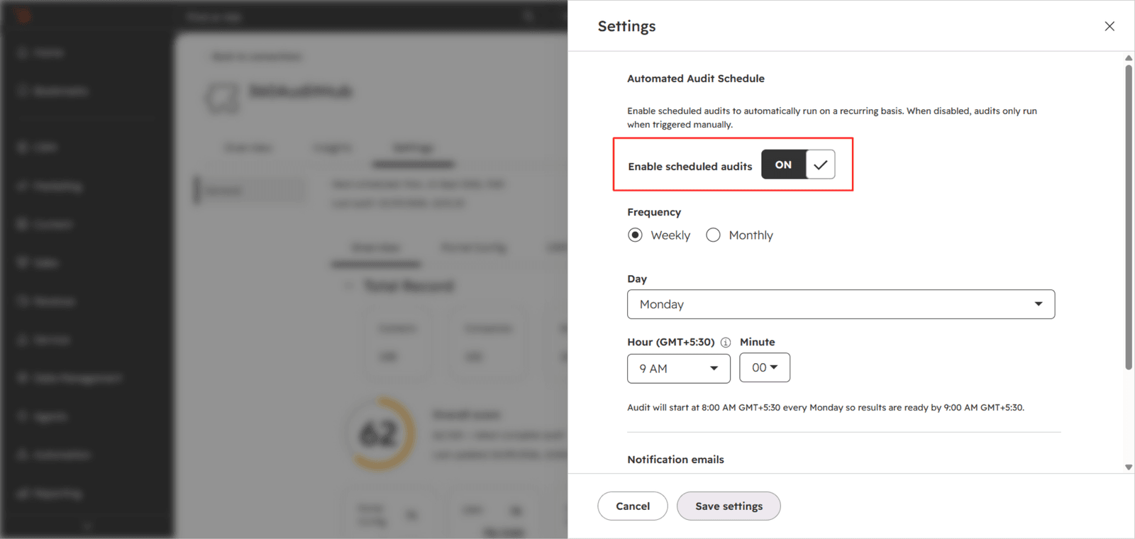 Enable scheduled audits toggle switched on with weekly frequency