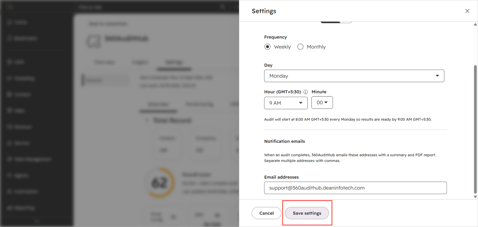 Save settings button after configuring the audit schedule